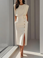 Abbey | Women's Button Front Sleeveless Midi Dress, Round Neckline Midi Dress | Direct Attire | Beige