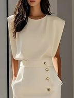 Abbey | Women's Button Front Sleeveless Midi Dress, Round Neckline Midi Dress | Direct Attire