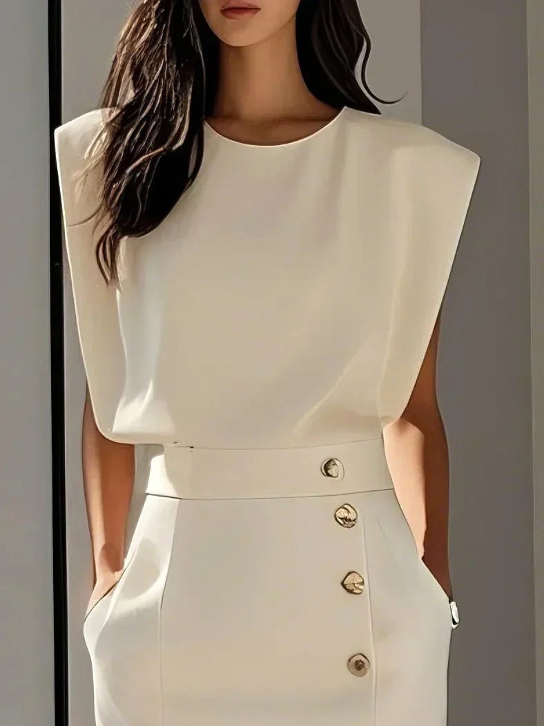 Abbey | Women's Button Front Sleeveless Midi Dress, Round Neckline Midi Dress | Direct Attire