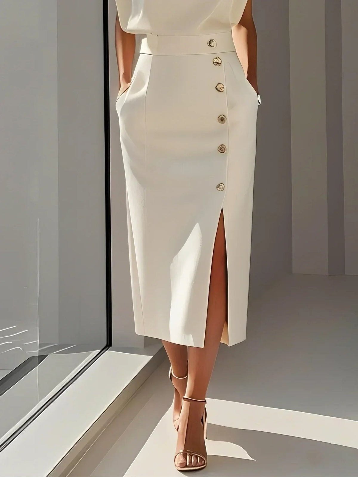 Abbey | Women's Button Front Sleeveless Midi Dress, Round Neckline Midi Dress | Direct Attire