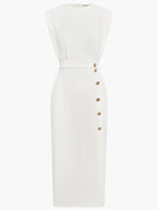 Abbey | Women's Button Front Sleeveless Midi Dress, Round Neckline Midi Dress | Direct Attire