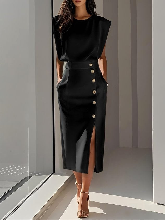 Abbey | Women's Button Front Sleeveless Midi Dress, Round Neckline Midi Dress | Direct Attire | Black