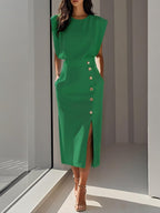 Abbey | Women's Button Front Sleeveless Midi Dress, Round Neckline Midi Dress | Direct Attire | Green