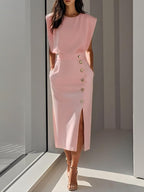 Abbey | Women's Button Front Sleeveless Midi Dress, Round Neckline Midi Dress | Direct Attire | Pink