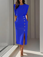Abbey | Women's Button Front Sleeveless Midi Dress, Round Neckline Midi Dress | Direct Attire | Royal Blue