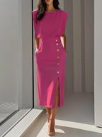 Abbey | Women's Button Front Sleeveless Midi Dress, Round Neckline Midi Dress | Direct Attire | Bright Pink