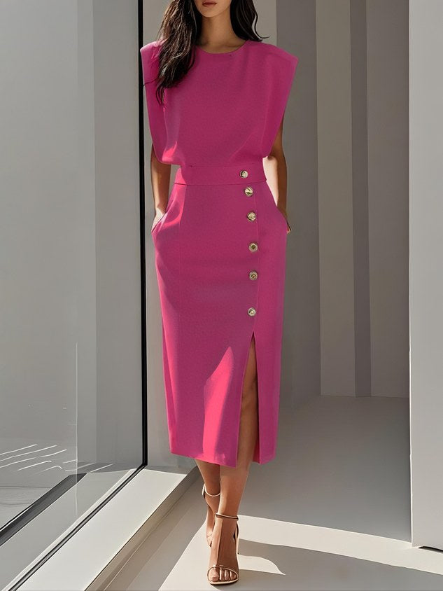 Abbey | Women's Button Front Sleeveless Midi Dress, Round Neckline Midi Dress | Direct Attire | Bright Pink