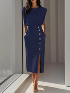 Abbey | Women's Button Front Sleeveless Midi Dress, Round Neckline Midi Dress | Direct Attire | Blue
