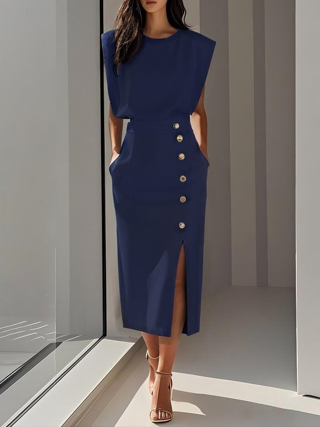 Abbey | Women's Button Front Sleeveless Midi Dress, Round Neckline Midi Dress | Direct Attire | Blue
