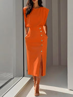 Abbey | Women's Button Front Sleeveless Midi Dress, Round Neckline Midi Dress | Direct Attire | Orange
