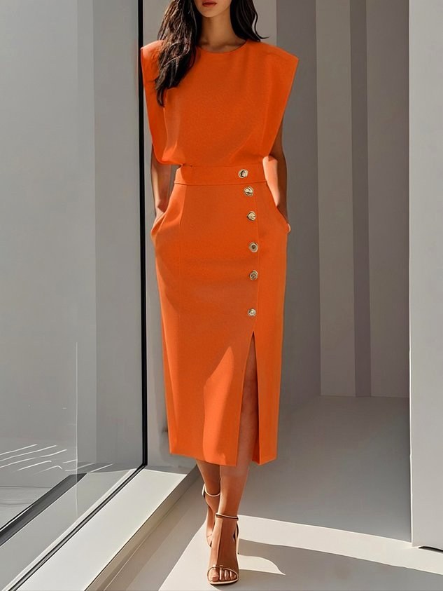 Abbey | Women's Button Front Sleeveless Midi Dress, Round Neckline Midi Dress | Direct Attire | Orange