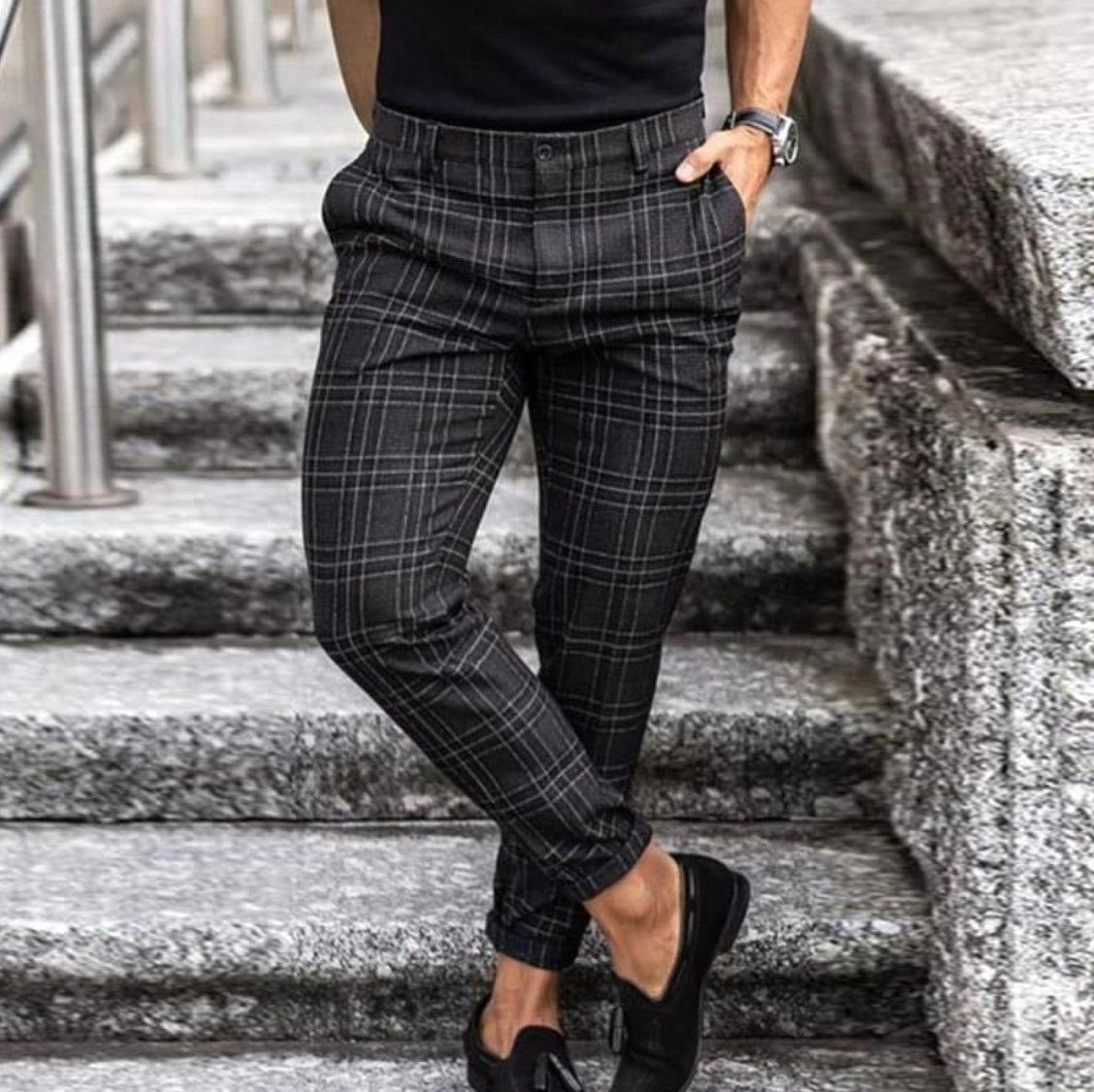 Aiden | Men's Check Chinos with Stretch, Tailored Trousers | Direct Attire | Negro
