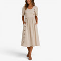 Alannah | Women's Striped Midi Dress with Button Details, Relaxed Midi Dress | Direct Attire | Beige