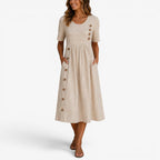 Alannah | Women's Striped Midi Dress with Button Details, Relaxed Midi Dress | Direct Attire | Beige