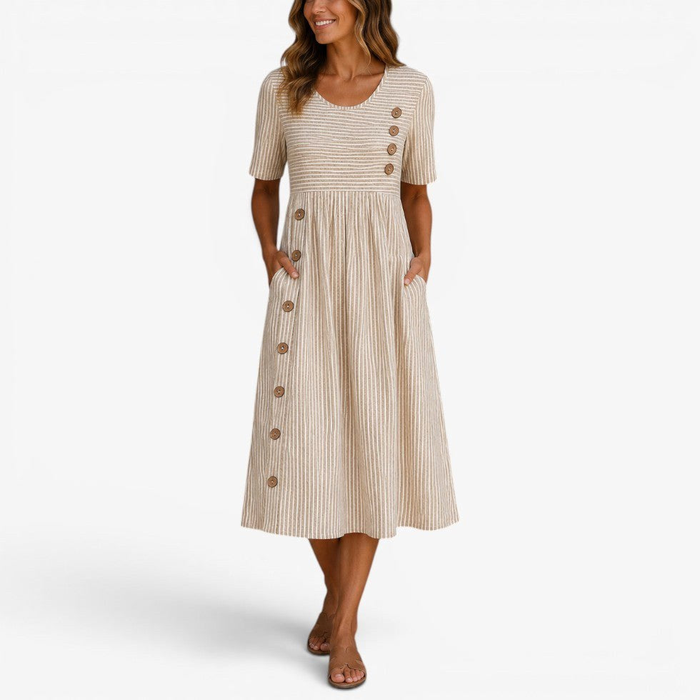 Alannah | Women's Striped Midi Dress with Button Details, Relaxed Midi Dress | Direct Attire | Beige