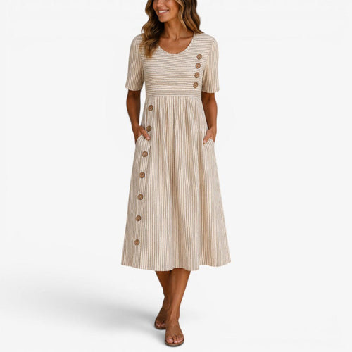 Alannah | Women's Striped Midi Dress with Button Details, Relaxed Midi Dress | Direct Attire | Beige