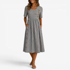 Alannah | Women's Striped Midi Dress with Button Details, Relaxed Midi Dress | Direct Attire | Gray