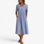 Alannah | Women's Striped Midi Dress with Button Details, Relaxed Midi Dress | Direct Attire | Blue