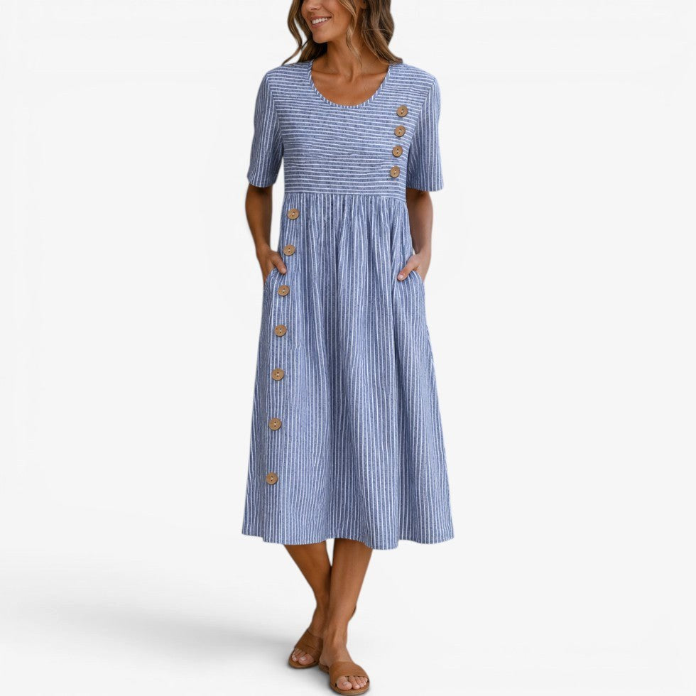Alannah | Women's Striped Midi Dress with Button Details, Relaxed Midi Dress | Direct Attire | Blue