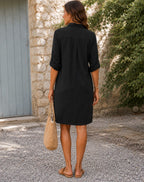 Alyssa | Women's Lightweight Midi Dress with Collar and Button Front, Three-Quarter Sleeve Dress | Direct Attire | Zwart