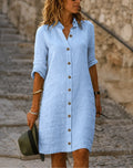 Alyssa | Women's Lightweight Midi Dress with Collar and Button Front, Three-Quarter Sleeve Dress | Direct Attire | Wit