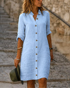 Alyssa | Women's Lightweight Midi Dress with Collar and Button Front, Three-Quarter Sleeve Dress | Direct Attire | Wit
