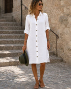 Alyssa | Women's Lightweight Midi Dress with Collar and Button Front, Three-Quarter Sleeve Dress | Direct Attire