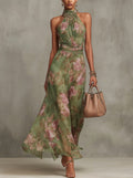 Amelia | Women's Halter Maxi Dress with Floral Print, Chiffon Special Occasion Dress | Direct Attire | Green