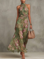 Amelia | Women's Halter Maxi Dress with Floral Print, Chiffon Special Occasion Dress | Direct Attire | Green