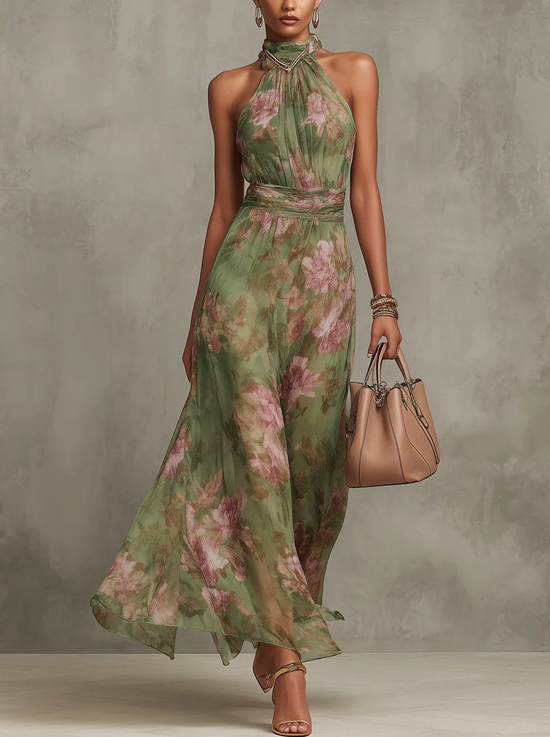 Amelia | Women's Halter Maxi Dress with Floral Print, Chiffon Special Occasion Dress | Direct Attire | Green