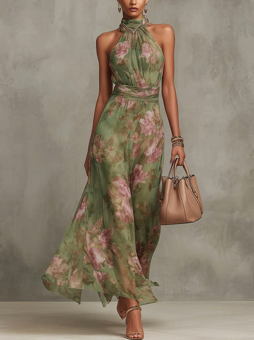Amelia | Women's Halter Maxi Dress with Floral Print, Chiffon Special Occasion Dress | Direct Attire | Green