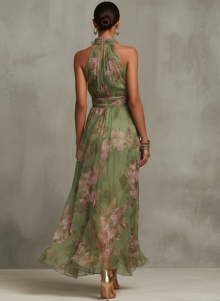 Amelia | Women's Halter Maxi Dress with Floral Print, Chiffon Special Occasion Dress | Direct Attire