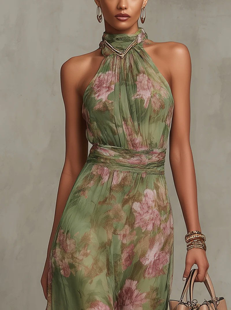 Amelia | Women's Halter Maxi Dress with Floral Print, Chiffon Special Occasion Dress | Direct Attire