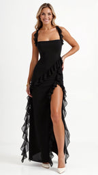 Asha | Women's Maxi Dress with Ruffled Neckline, Front Slit Evening Dress | Direct Attire