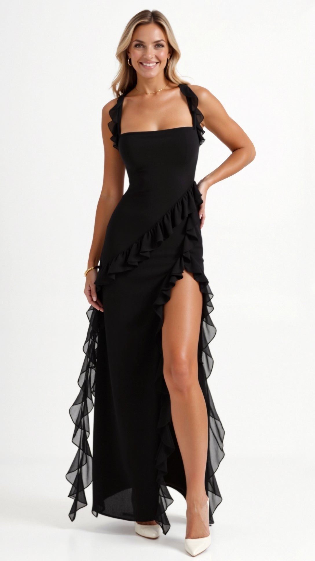 Asha | Women's Maxi Dress with Ruffled Neckline, Front Slit Evening Dress | Direct Attire