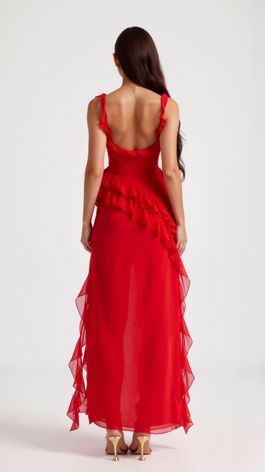Asha | Women's Maxi Dress with Ruffled Neckline, Front Slit Evening Dress | Direct Attire