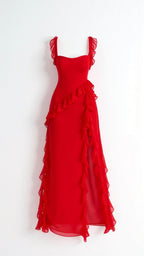 Asha | Women's Maxi Dress with Ruffled Neckline, Front Slit Evening Dress | Direct Attire