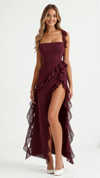 Asha | Women's Maxi Dress with Ruffled Neckline, Front Slit Evening Dress | Direct Attire