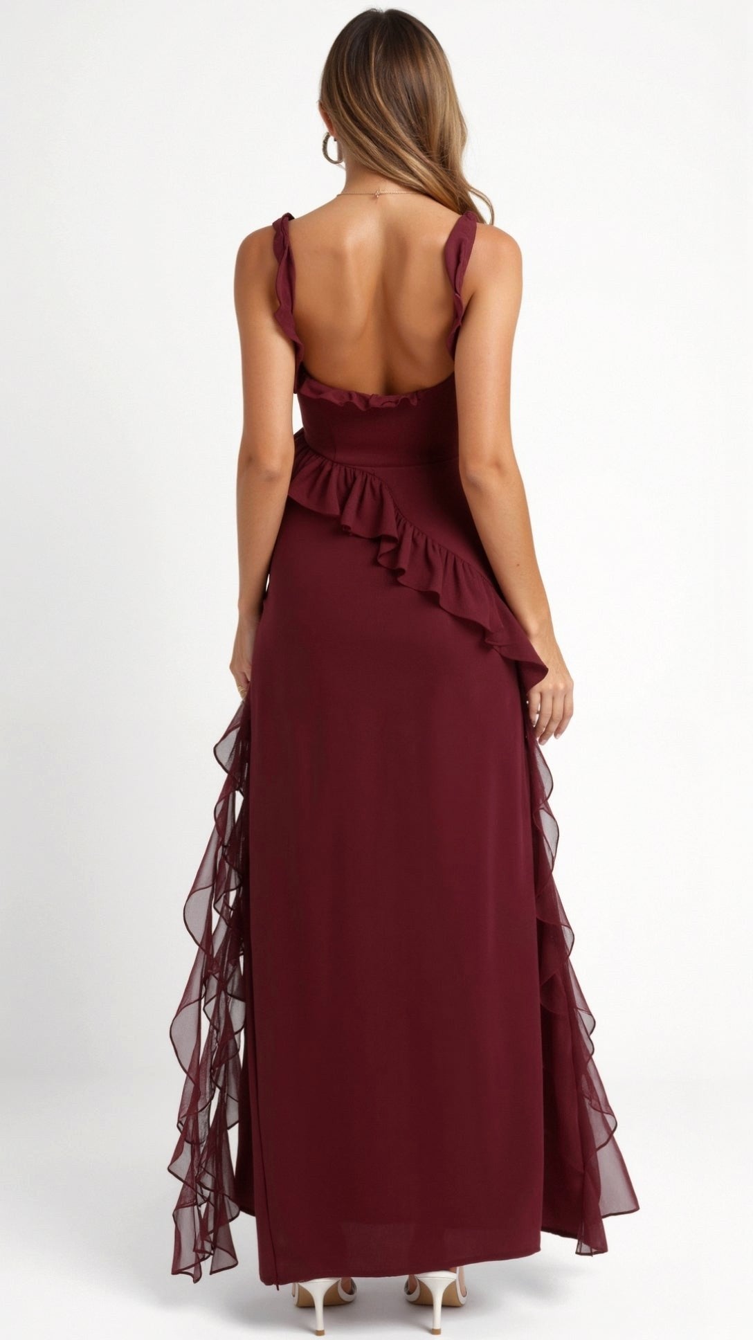 Asha | Women's Maxi Dress with Ruffled Neckline, Front Slit Evening Dress | Direct Attire
