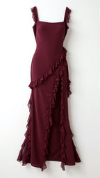 Asha | Women's Maxi Dress with Ruffled Neckline, Front Slit Evening Dress | Direct Attire