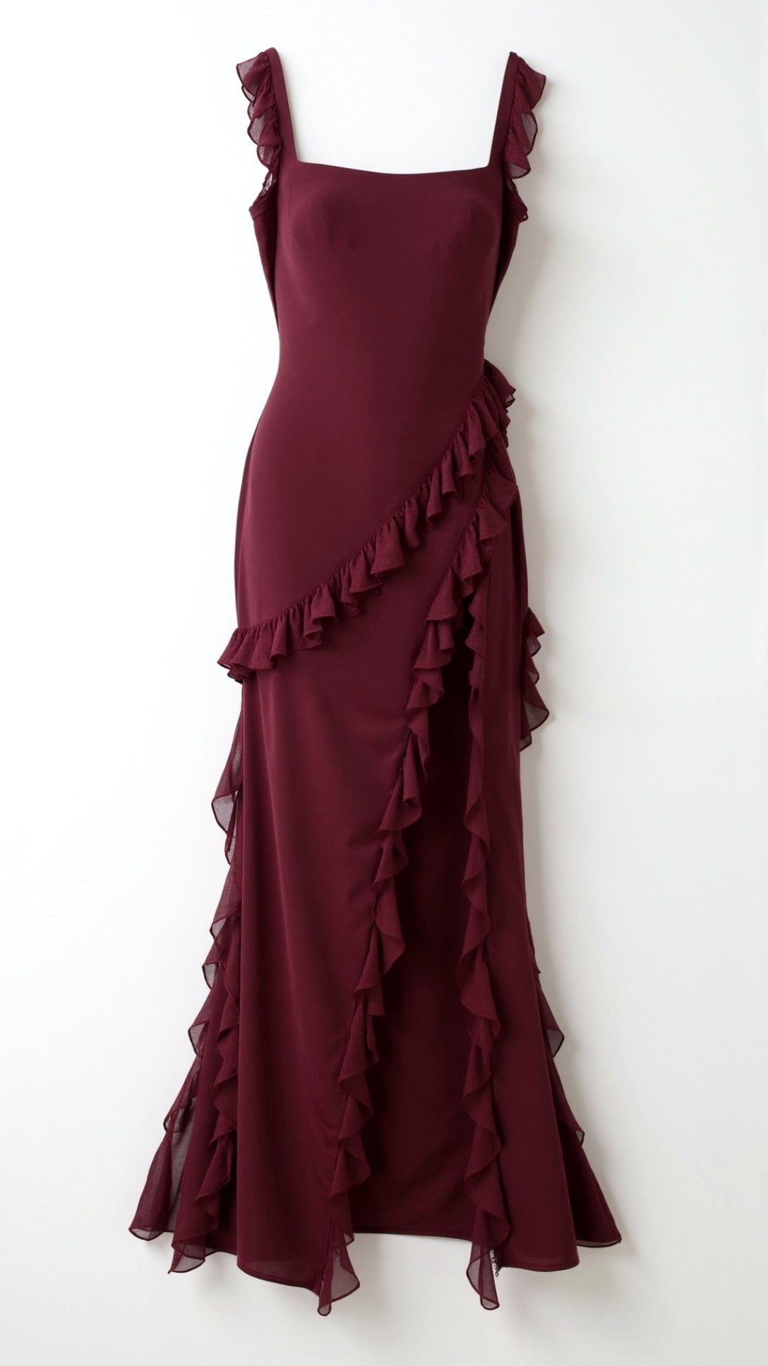 Asha | Women's Maxi Dress with Ruffled Neckline, Front Slit Evening Dress | Direct Attire