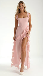 Asha | Women's Maxi Dress with Ruffled Neckline, Front Slit Evening Dress | Direct Attire