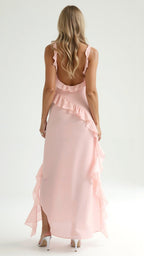 Asha | Women's Maxi Dress with Ruffled Neckline, Front Slit Evening Dress | Direct Attire