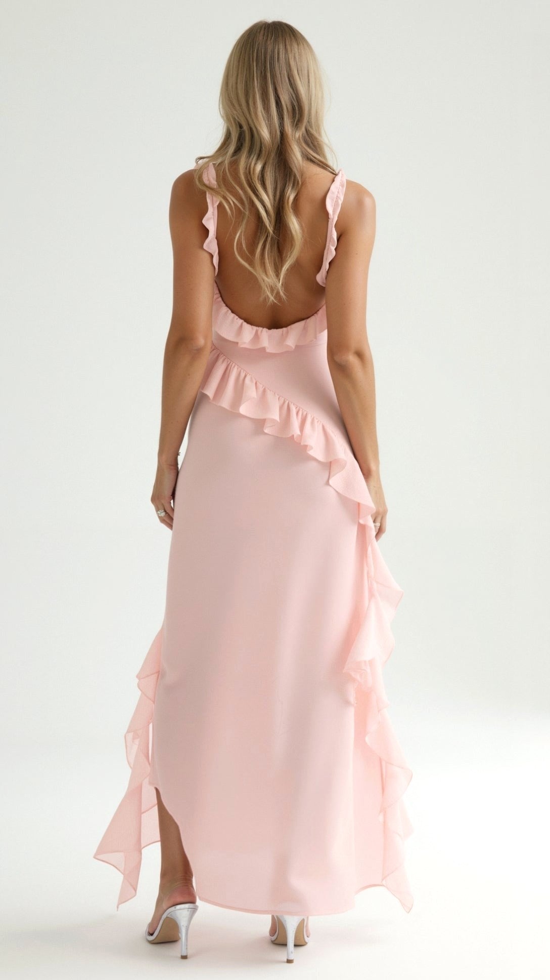 Asha | Women's Maxi Dress with Ruffled Neckline, Front Slit Evening Dress | Direct Attire