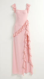 Asha | Women's Maxi Dress with Ruffled Neckline, Front Slit Evening Dress | Direct Attire