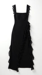 Asha | Women's Maxi Dress with Ruffled Neckline, Front Slit Evening Dress | Direct Attire