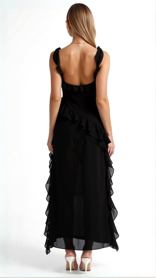 Asha | Women's Maxi Dress with Ruffled Neckline, Front Slit Evening Dress | Direct Attire