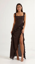 Asha | Women's Maxi Dress with Ruffled Neckline, Front Slit Evening Dress | Direct Attire