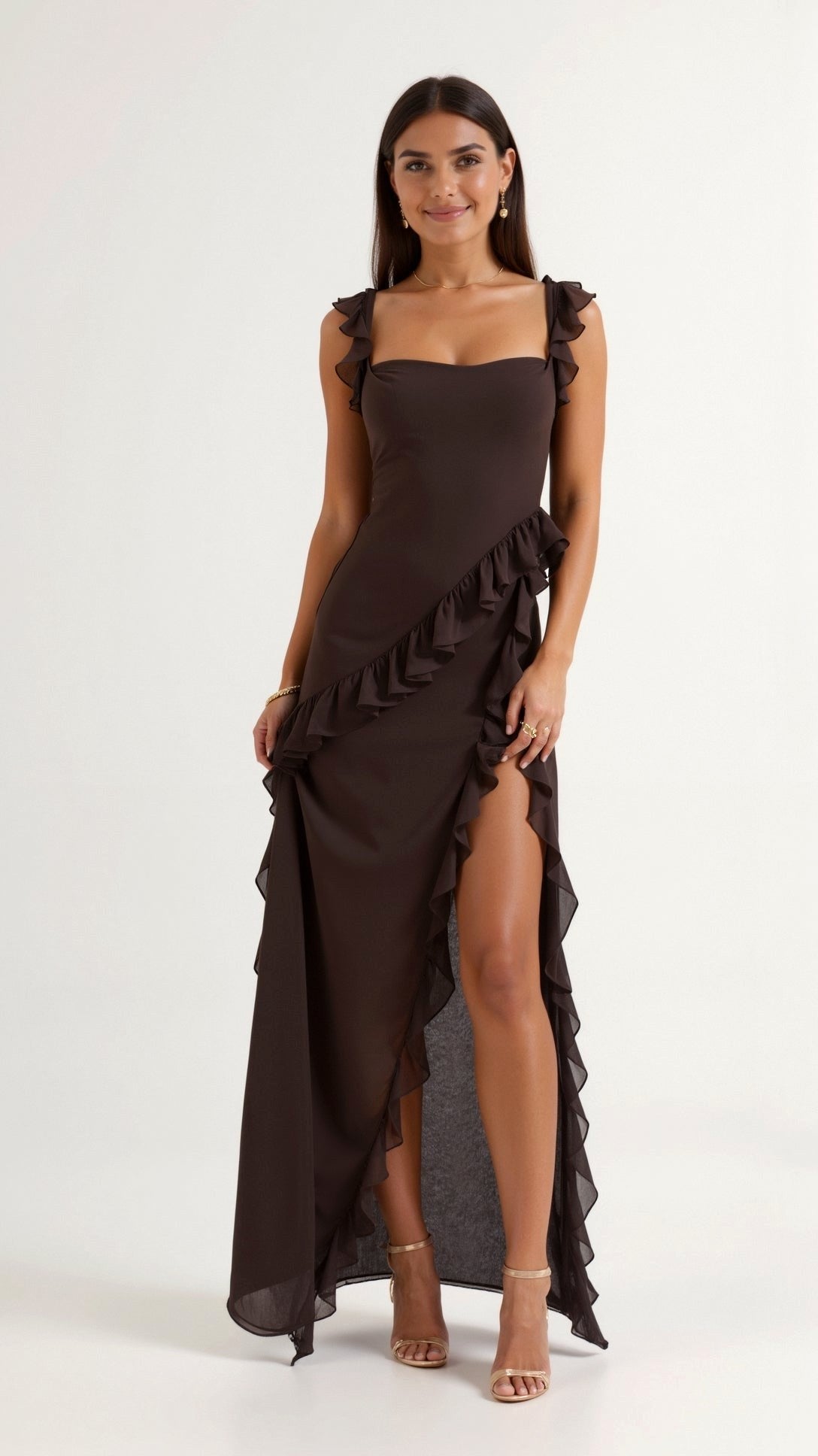 Asha | Women's Maxi Dress with Ruffled Neckline, Front Slit Evening Dress | Direct Attire