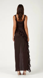 Asha | Women's Maxi Dress with Ruffled Neckline, Front Slit Evening Dress | Direct Attire